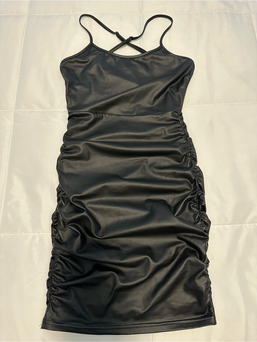 Black Faux Leather Ruched Slip Dress